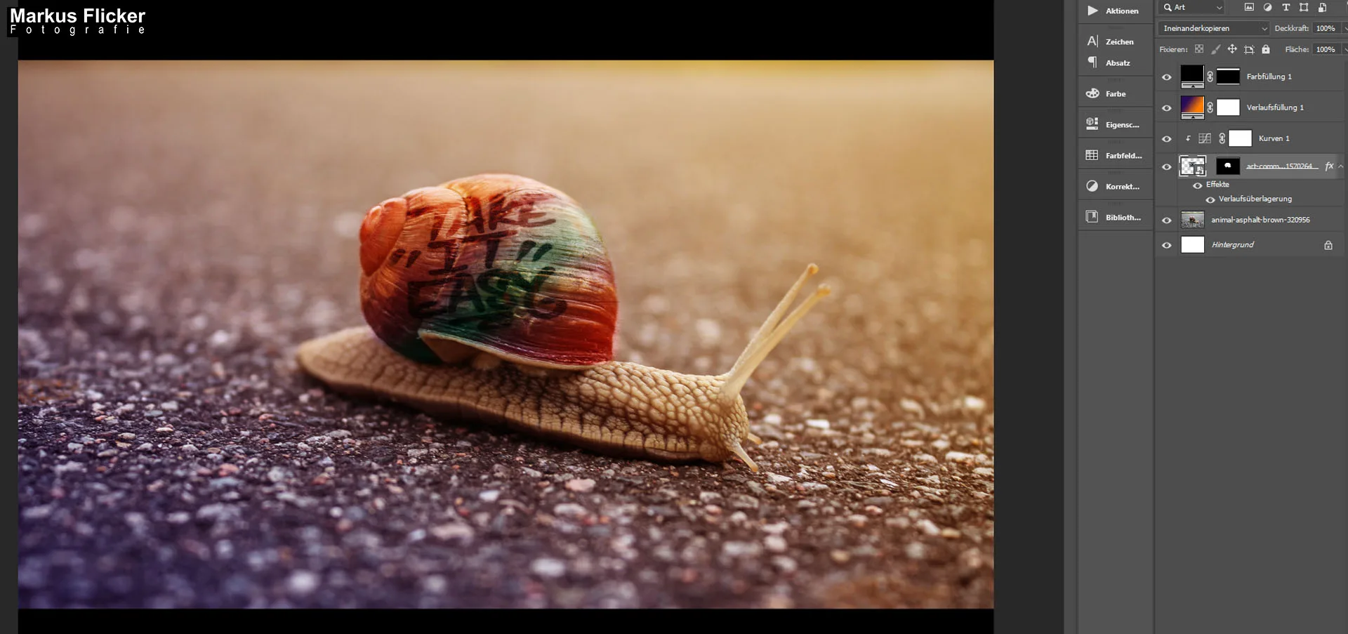 Take it easy! Schnecke mit Graffiti auf dem Schneckenhaus ganz einfach mit Adobe Photoshop. DigiArt Bildbearbeitung